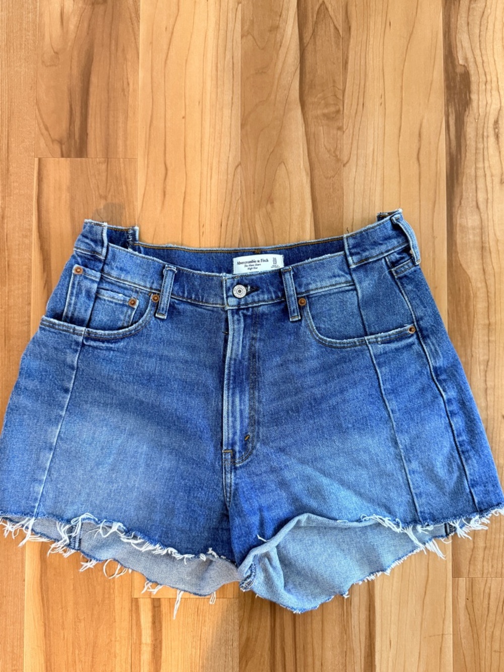 Abercrombie & Fitch Medium Blue Denim Frayed Hem Shorts (Mom Shorts)